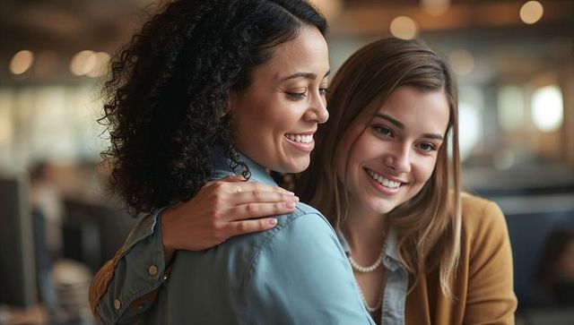 Two female coworkers hugging and smiling in open office showing teamwork and support