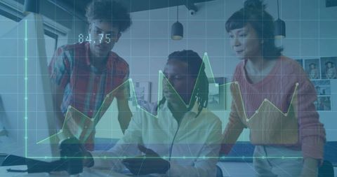 Team Analyzing Data Trends with Digital Graph Overlay in Office