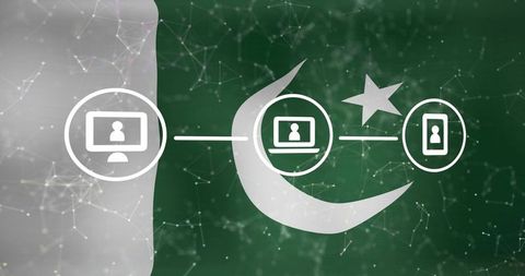 Pakistan flag connecting remote devices through cloud networking icons and cyber links