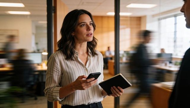 Female office professional holding smartphone and notebook in modern open-plan workspace