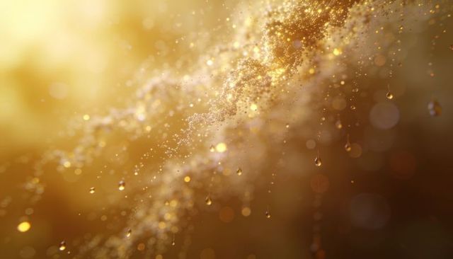 Golden glitter stream with teardrop droplets and bokeh sparkle - luxury abstract macro