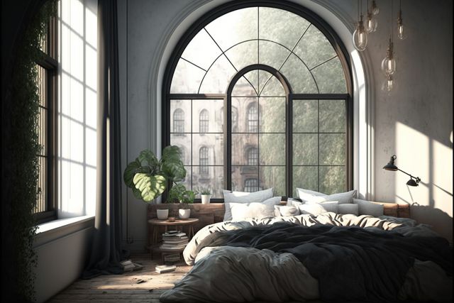 Bedroom with bed, plants and large window, created using generative ai technology. Transitional style house interior decor concept digitally generated image.