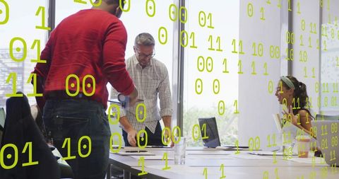 Team collaborating over data strategy with binary overlay in modern office meeting