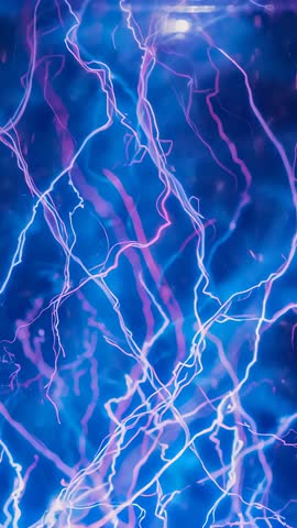 Flowing neon filaments streaming across deep blue with bright top flare vertical video