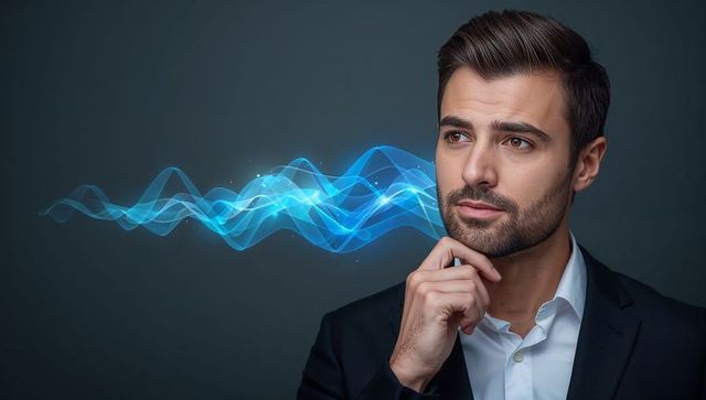 Businessman contemplating digital waveform representing data, ai and strategic insight