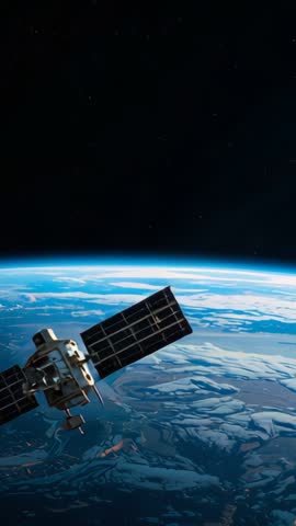 Vertical video showing satellite bus drifting over Earth with sun-facing solar arrays