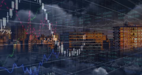 Global Data Overlay on Urban Cityscape at Sunset