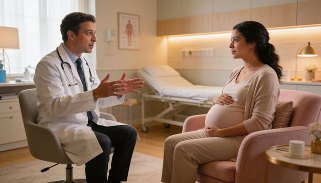 Pregnant woman receiving prenatal consultation from doctor in calm clinic room sharing prenatal tips