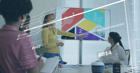 Presenting Colorful Infographic Slide During Collaborative Boardroom Meeting with Data Overlay