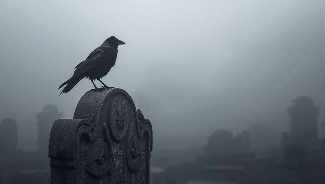 Black Crow Perching on Ornate Gravestone in Foggy Cemetery