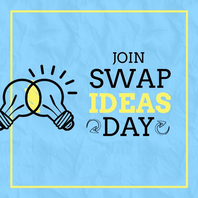 Illustration invites participation in Swap Ideas Day, showcasing two intersecting light bulbs and arrows on a blue background. Ideal for promoting team events, brain-storming sessions, networking activities, and community-building initiatives. Useful for digital marketing content, website banners, social media posts, and event invitations focusing on collaboration and shared creativity.