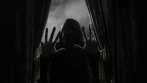 Mysterious Hooded Figure Parting Drapes in Foggy Ambiance