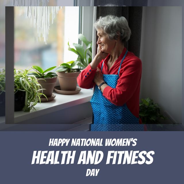 Caucasian senior woman looking through window and happy national women's health and fitness day. Digital composite, thoughtful, plant. , retirement, support, healthcare, awareness and celebration.