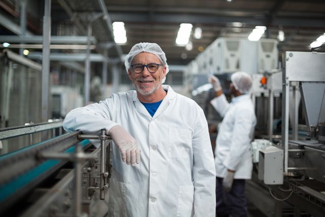 Smiling factory worker standing next to production line at drinks production plant