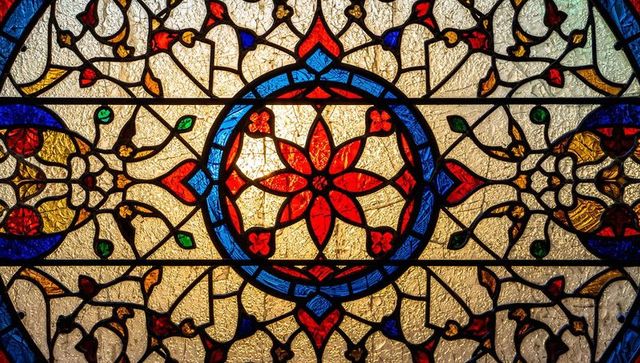 Colorful stained glass with exquisite floral and geometric patterns