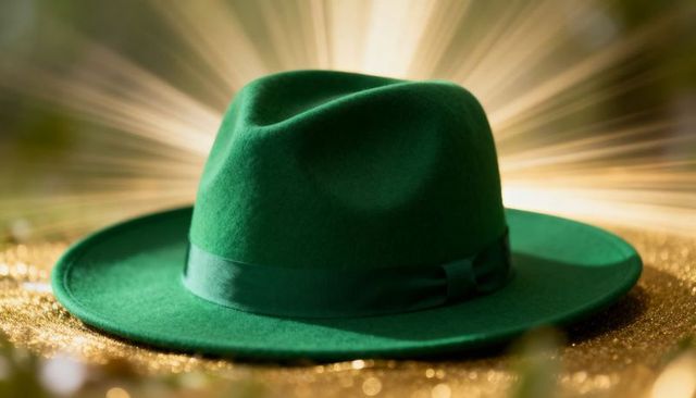 Emerald felt fedora with grosgrain ribbon glowing in golden bokeh halo on glitter