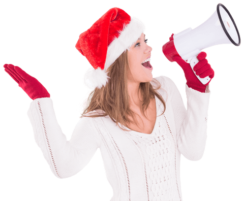 Festive woman in santa hat on transparent background announcing with megaphone