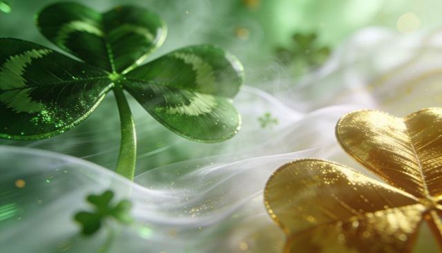 Glowing emerald and gold four-leaf clover macro with glittering mist and st patrick vibe