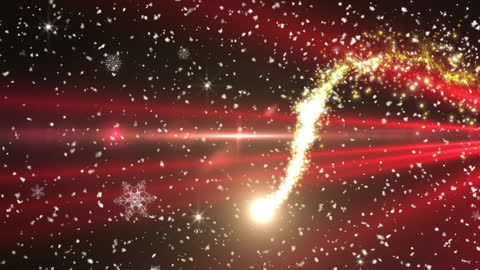 Golden Particle Swirl with Falling Snowflakes on Red Background