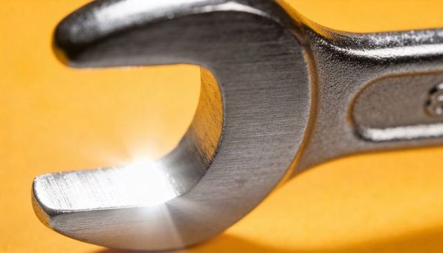 Macro steel open-end wrench gleaming with bright glare on yellow background close-up