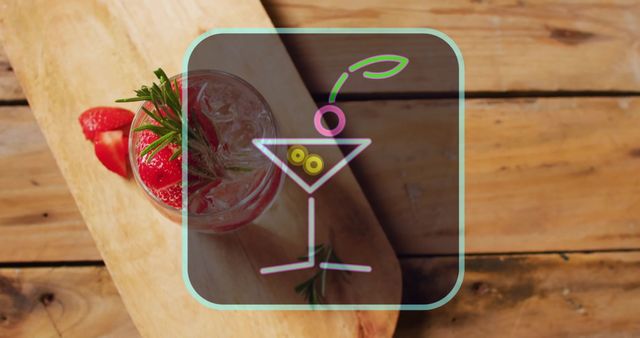 Neon Cocktail Icon Overlaying Chilled Strawberry Drink on Rustic Wood - Download Free Stock Images Pikwizard.com