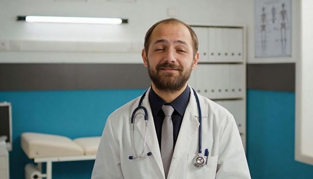 Smiling male physician standing in white lab coat with stethoscope in clinic exam room