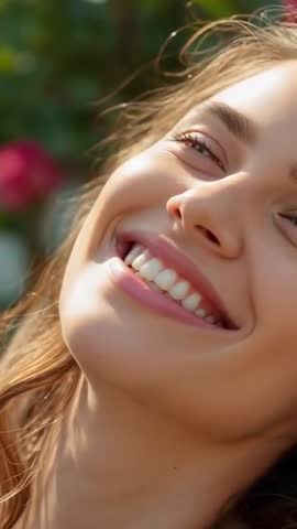 Smiling woman widening grin in sunlit garden vertical video closeup