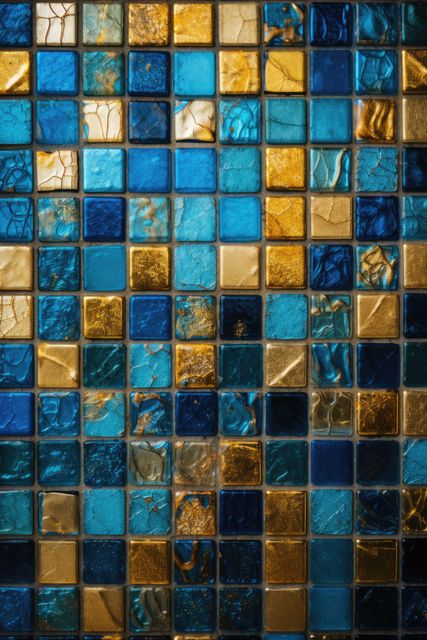 Colorful abstract mosaic made from small square tiles in shades of blue and gold. The intricate pattern provides a decorative touch and can be used as a background or for design inspirations. Suitable for use in interior design projects, digital art, and as texture or pattern overlay.