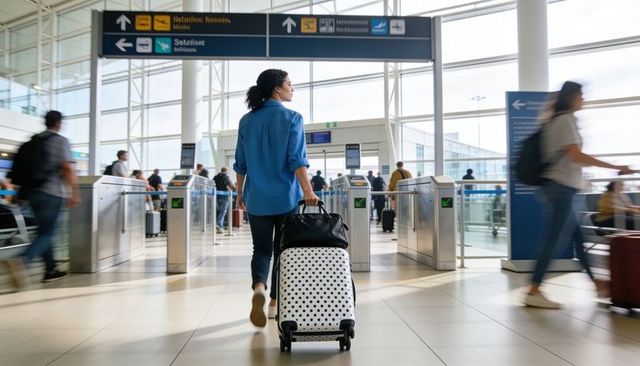 Solo traveler walking through modern airport terminal pulling polka-dot luggage