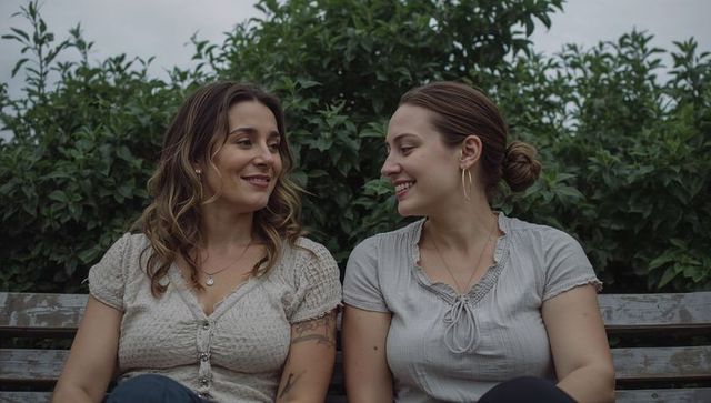 Two women sitting on worn wooden bench smiling at each other showing tattoo