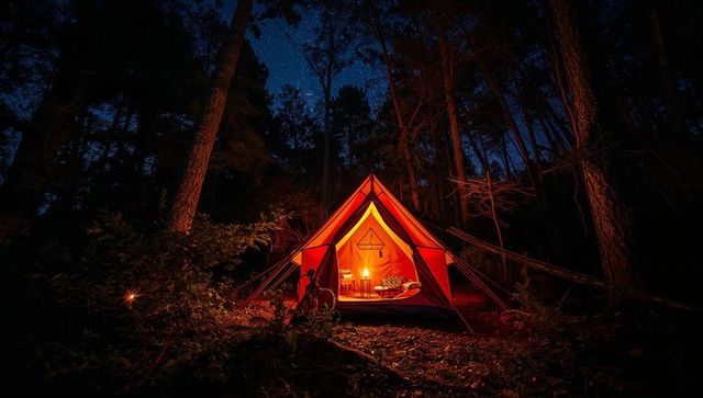 Glowing Orange Canvas Tent in Forest Clearing Under Starry Sky, Cozy Lantern-Lit Camping