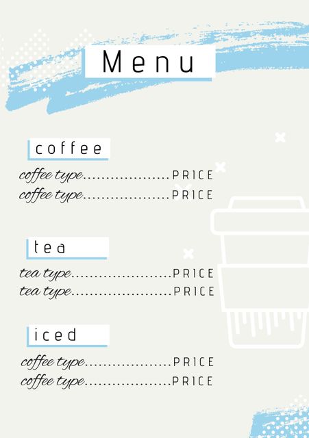 Simple yet elegant template for aspiring café owners and designers. Suitable for easy editing and customization, this template allows you to list variety of coffee, tea, and iced beverage types along with pricing. The design features a clean layout with highlighted sections for different beverage types. Ideal for bakeries and cafés aiming for a minimalistic look.