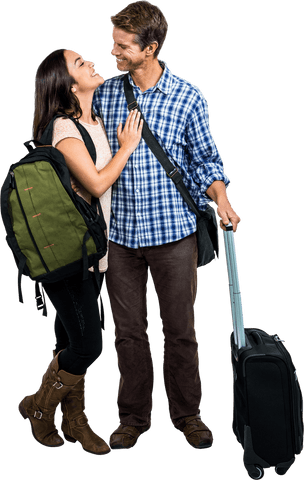 Happy Traveling Couple with Luggage Embracing Each Other Transparent