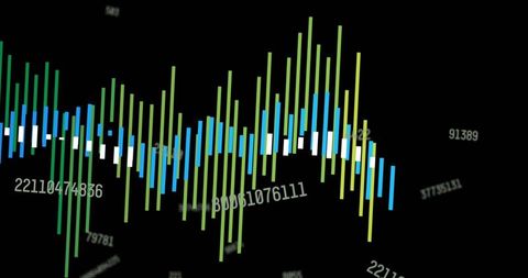 Neon Vertical Candlestick Bars Visualizing Financial Time Series with Floating Data Digits