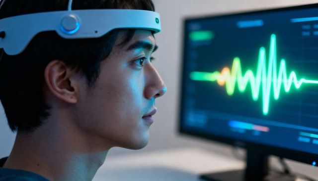 Young man wearing eeg headband monitoring brainwave waveform on computer screen in dim lab