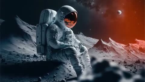 Astronaut in Spacesuit Sitting on Lunar Surface Under Starry Sky