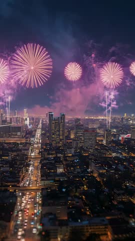 Vertical fireworks display lighting night skyline over twin skyscrapers and busy avenue