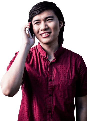 Happy young man in red shirt talking on phone transparent background