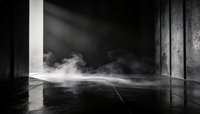 Monochrome mist-filled concrete chamber with narrow light beam and glossy reflective tiles
