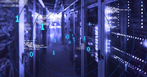 Futuristic Server Room with Cybersecurity Digital HUD Overlay