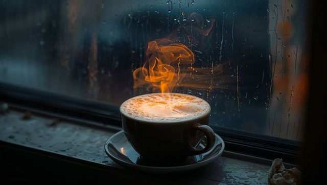Steaming Latte with Golden Swirl on Rainy Cafe Windowsill, Cozy Moody Coffee