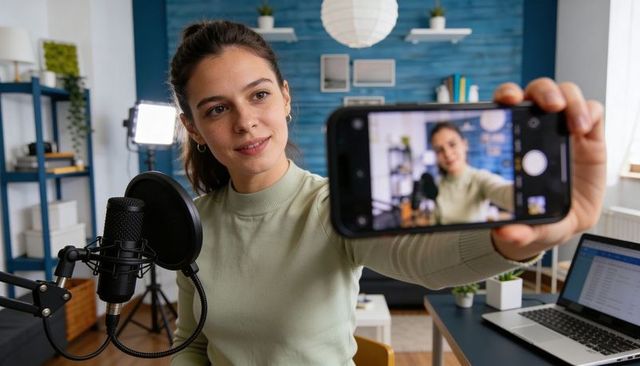 Female content creator recording vlog and podcast from home studio with smartphone mic