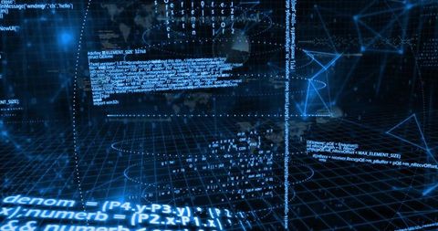 Holographic Cyber Code Panels Floating in 3D Virtual Grid Neon Data Visualization