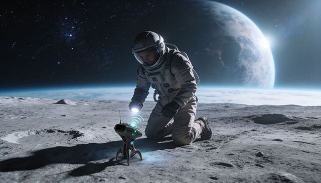 Kneeling astronaut adjusting tripod robotic probe on moon with Earth rising on horizon