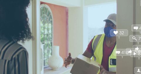 Delivery worker giving package with social media overlay