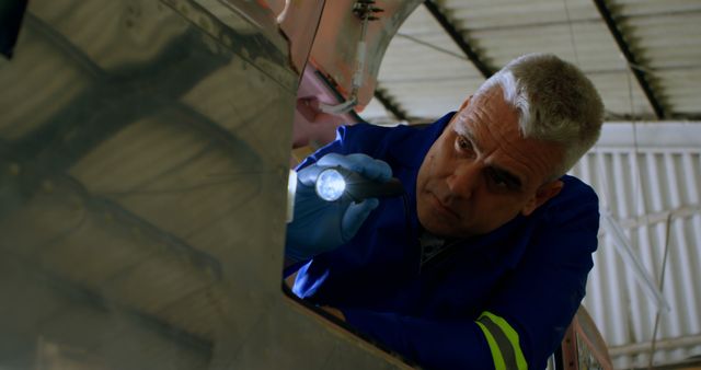 Aerospace Technician Inspecting Aircraft with Flashlight in Hangar - Download Free Stock Images Pikwizard.com