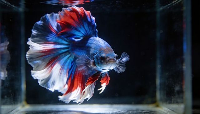Tri-color betta fish with flowing veil tail swimming in glass tank on dark backdrop