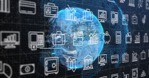 Global digital interface with cyber security icons