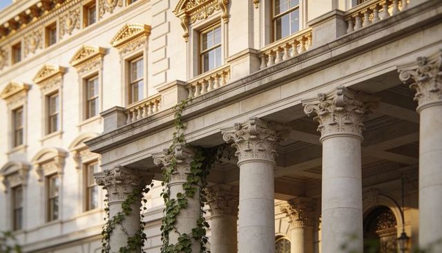 Sunlit neoclassical corinthian columns with gilded trim and ivy-clad stone portico