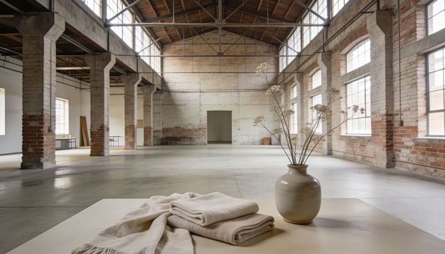 Minimal industrial loft with ceramic vase, dried stems and folded linens in natural light